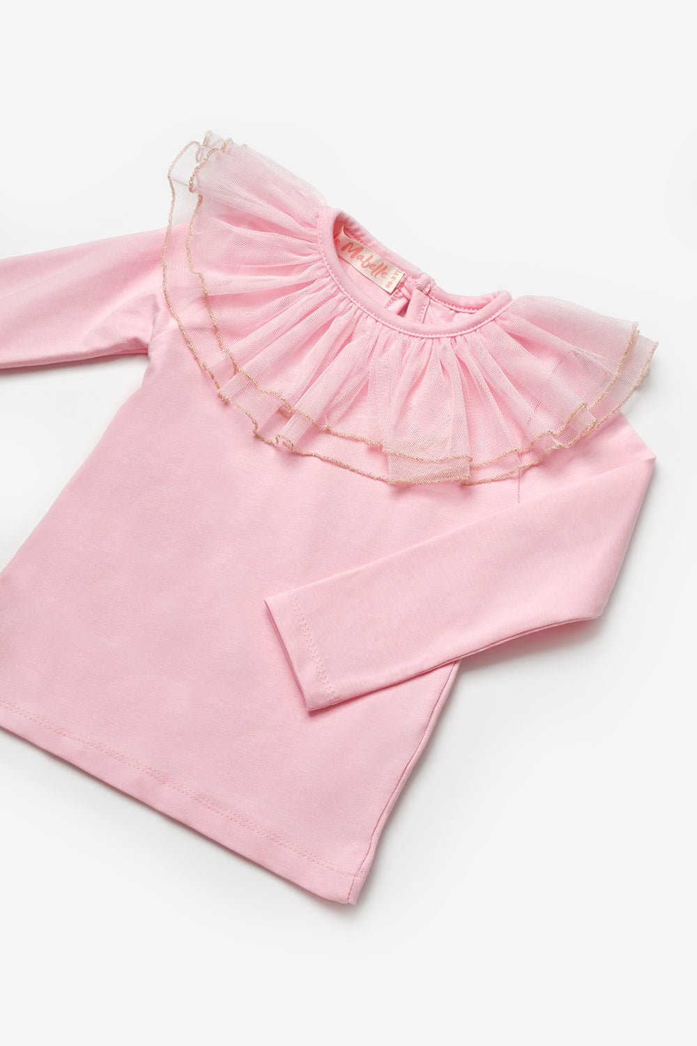 Pembe  Simli Detaylı Tül Yakalı Uzun Kollu Kız Çocuk Bluz - Serena