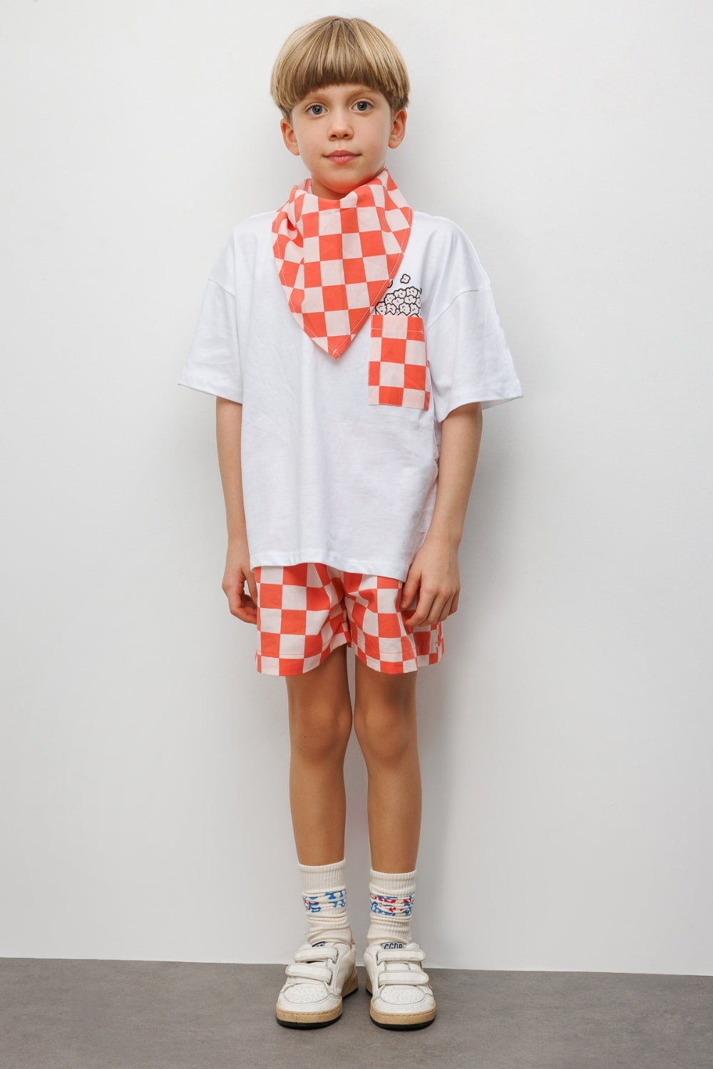 Red Popcorn Pattern Checkered Design Kids' T-Shirt and Shorts Two
