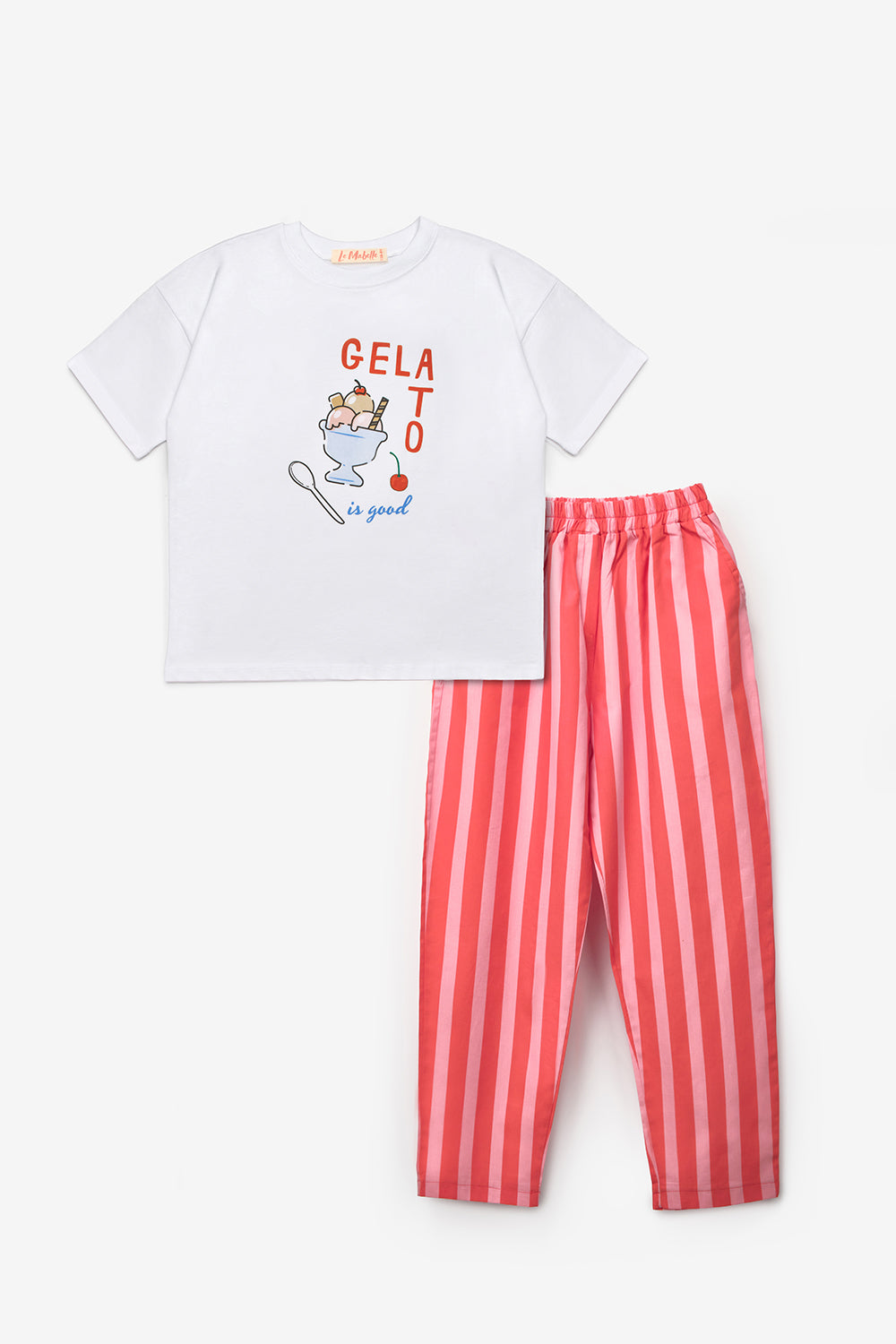 Kırmızı Baskılı Çizgi Desenli Çocuk Tişört Pantolon Takım - Edna