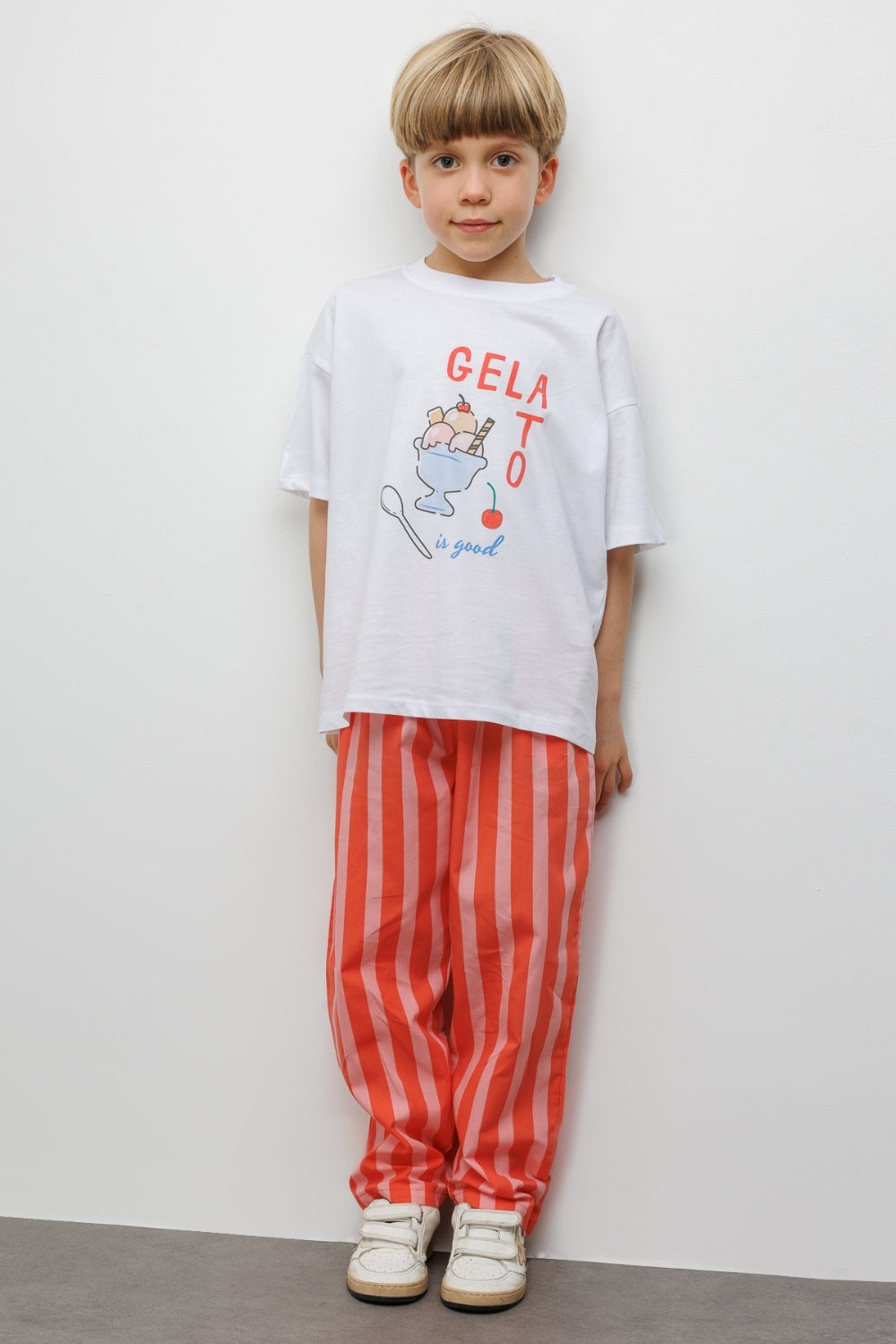 Kırmızı Baskılı Çizgi Desenli Çocuk Tişört Pantolon Takım - Edna
