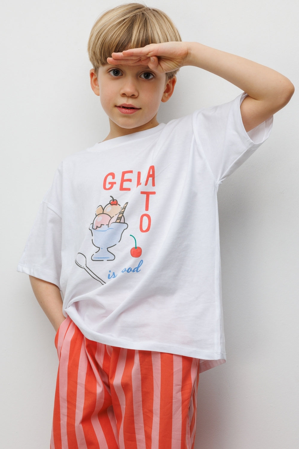 Kırmızı Baskılı Çizgi Desenli Çocuk Tişört Pantolon Takım - Edna