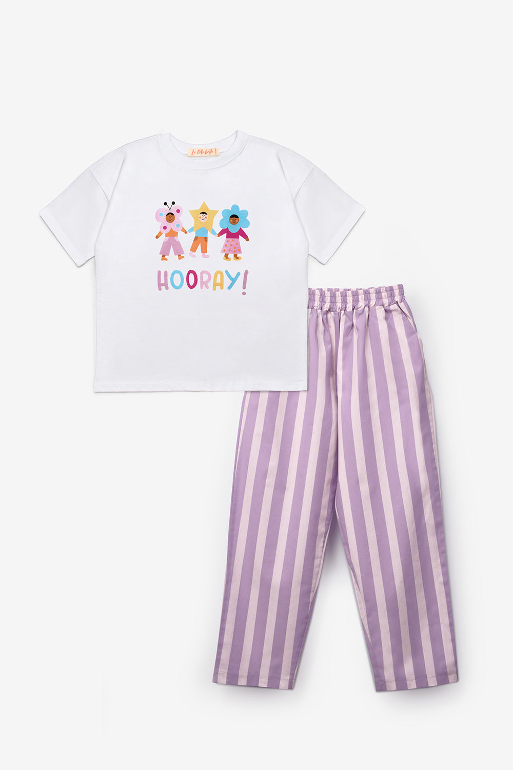 Lila Baskılı Çizgi Desenli Çocuk Tişört Pantolon Takım - Edna