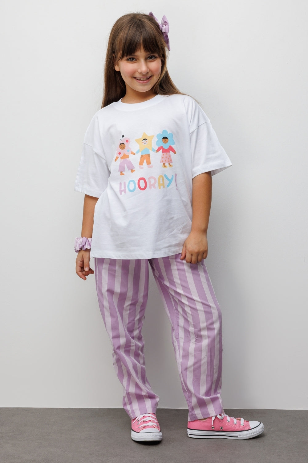 Lila Baskılı Çizgi Desenli Çocuk Tişört Pantolon Takım - Edna