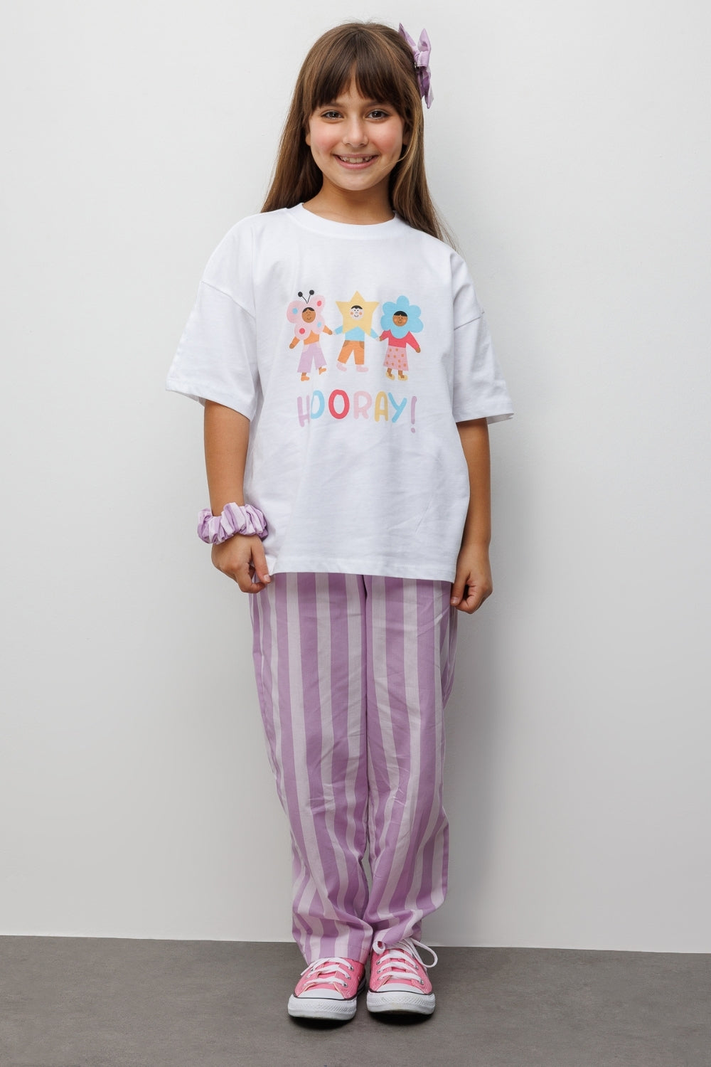 Lila Baskılı Çizgi Desenli Çocuk Tişört Pantolon Takım - Edna