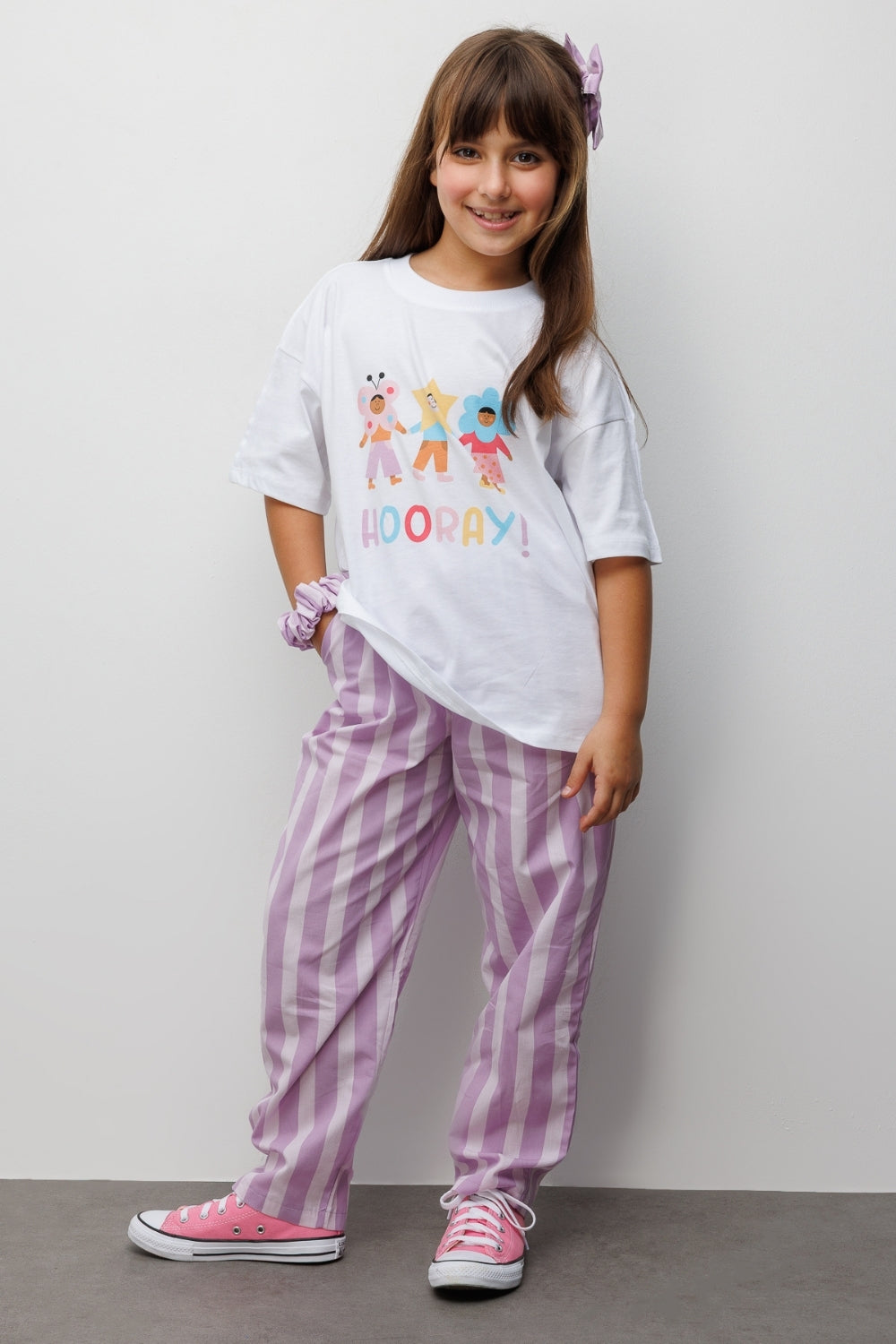 Lila Baskılı Çizgi Desenli Çocuk Tişört Pantolon Takım - Edna
