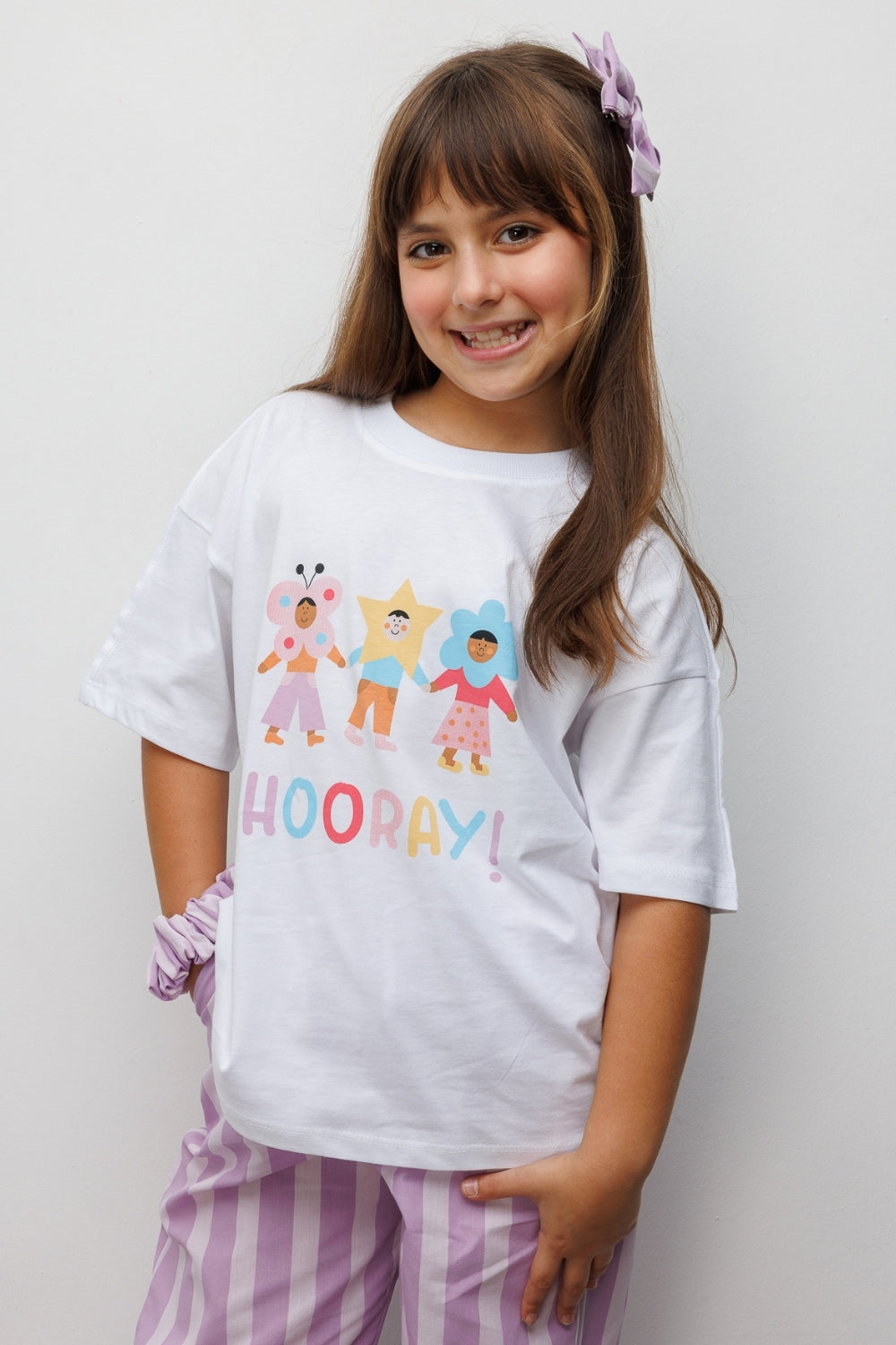 Lila Baskılı Çizgi Desenli Çocuk Tişört Pantolon Takım - Edna