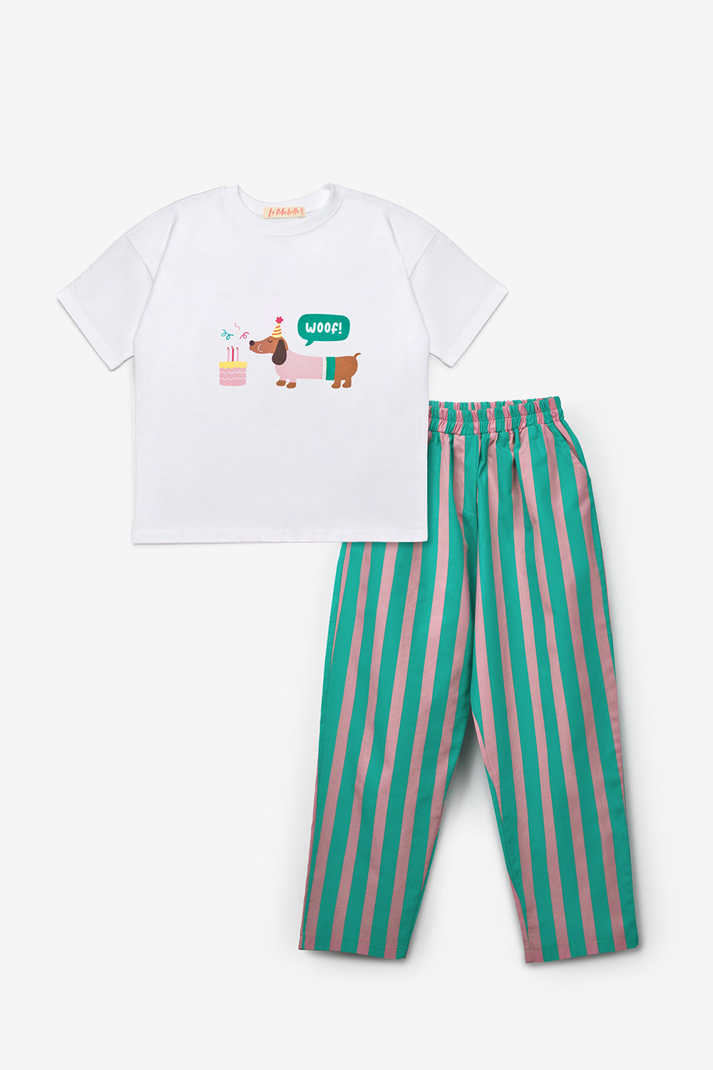 Mint Parti Baskılı Çizgi Desenli Çocuk Tişört Pantolon Takım - Edna