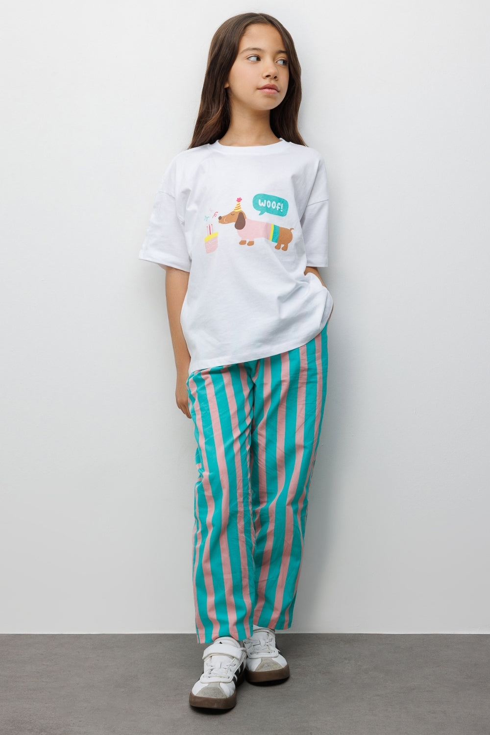 Mint Baskılı Çizgi Desenli Çocuk Tişört Pantolon Takım - Edna