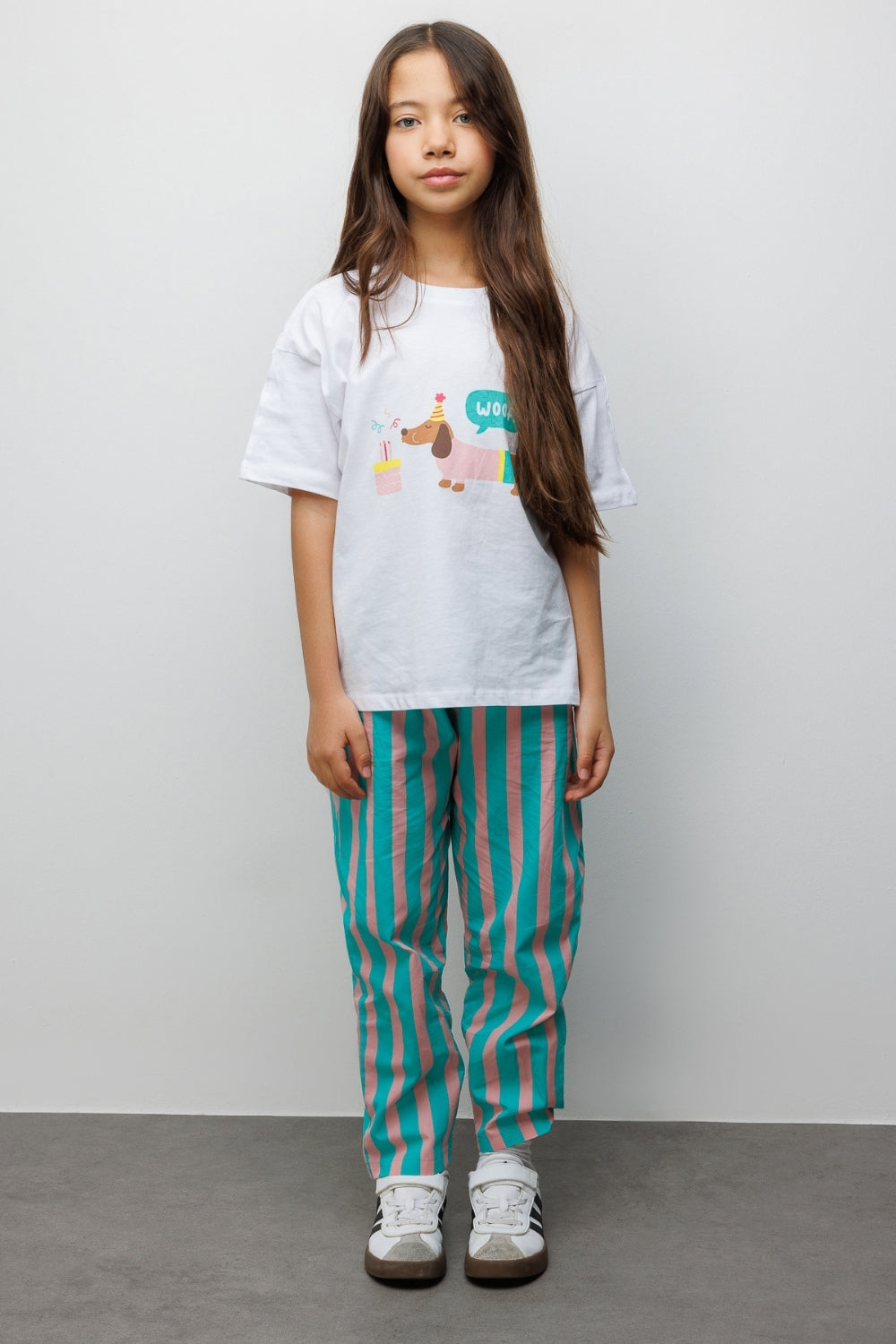 Mint Baskılı Çizgi Desenli Çocuk Tişört Pantolon Takım - Edna