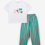 Mint Baskılı Çizgi Desenli Çocuk Tişört Pantolon Takım - Edna