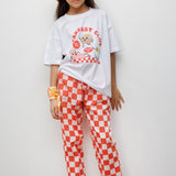 Kırmızı Baskılı Dama Desenli Çocuk Tişört Pantolon Takım - Lucia