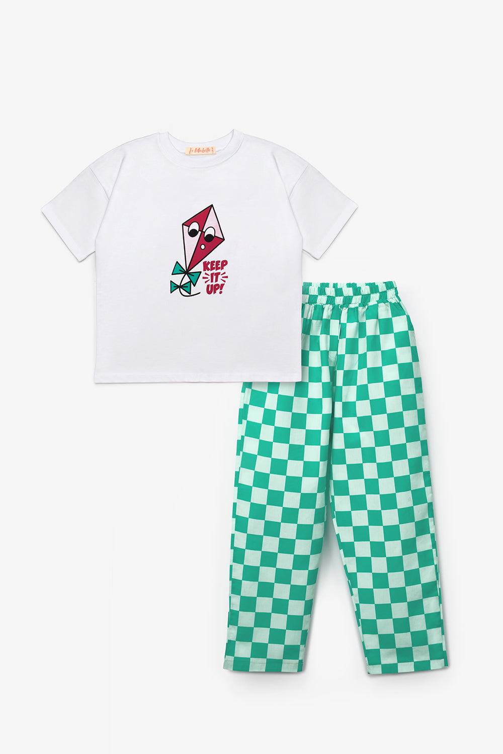 Mint Baskılı Dama Desenli Çocuk Tişört Pantolon Takım - Lucia