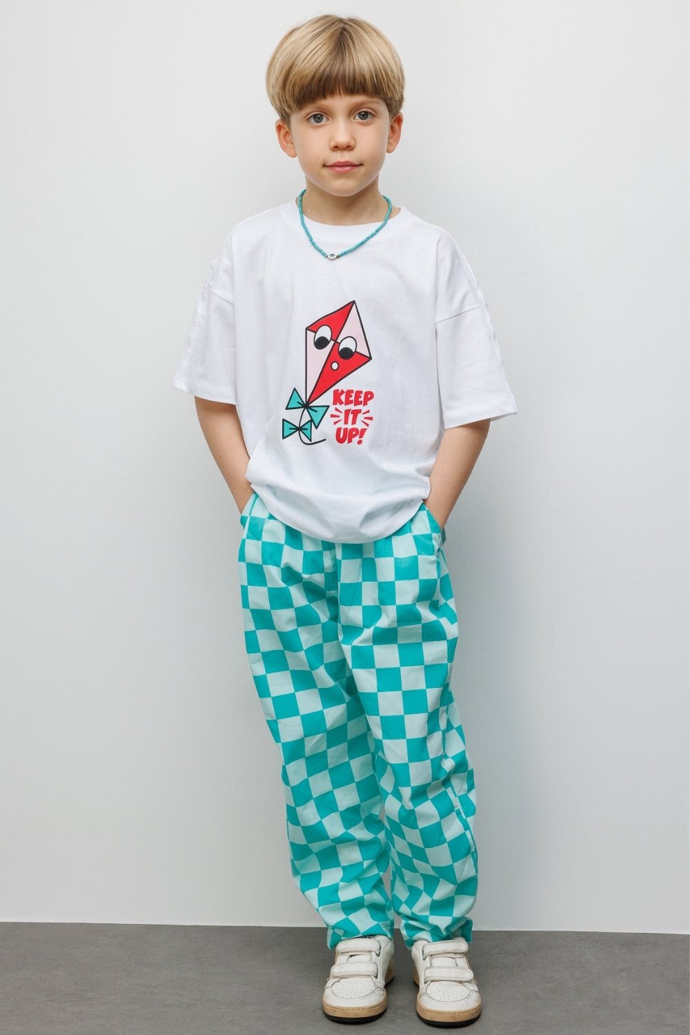 Mint Baskılı Dama Desenli Çocuk Tişört Pantolon Takım - Lucia