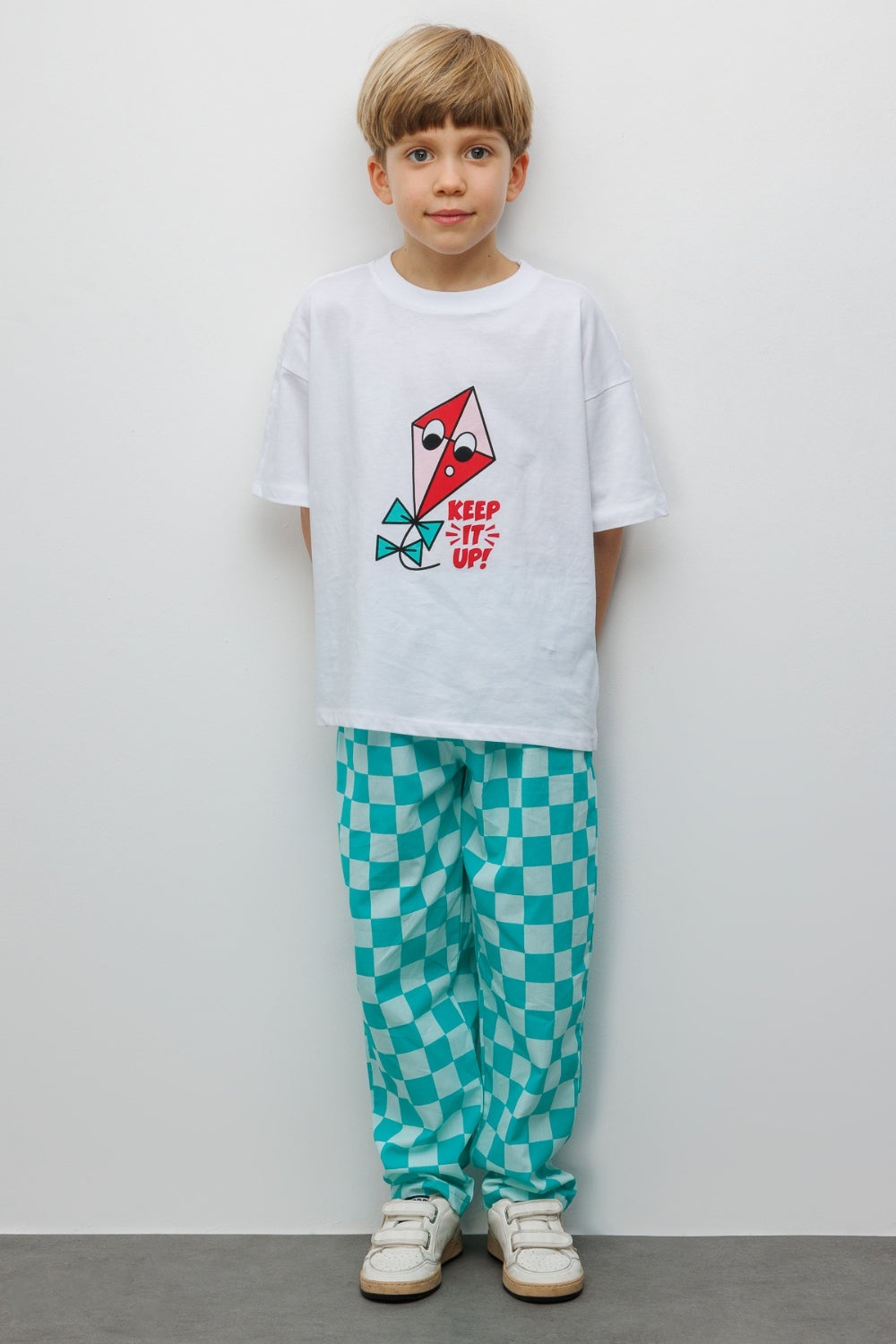 Mint Baskılı Dama Desenli Çocuk Tişört Pantolon Takım - Lucia