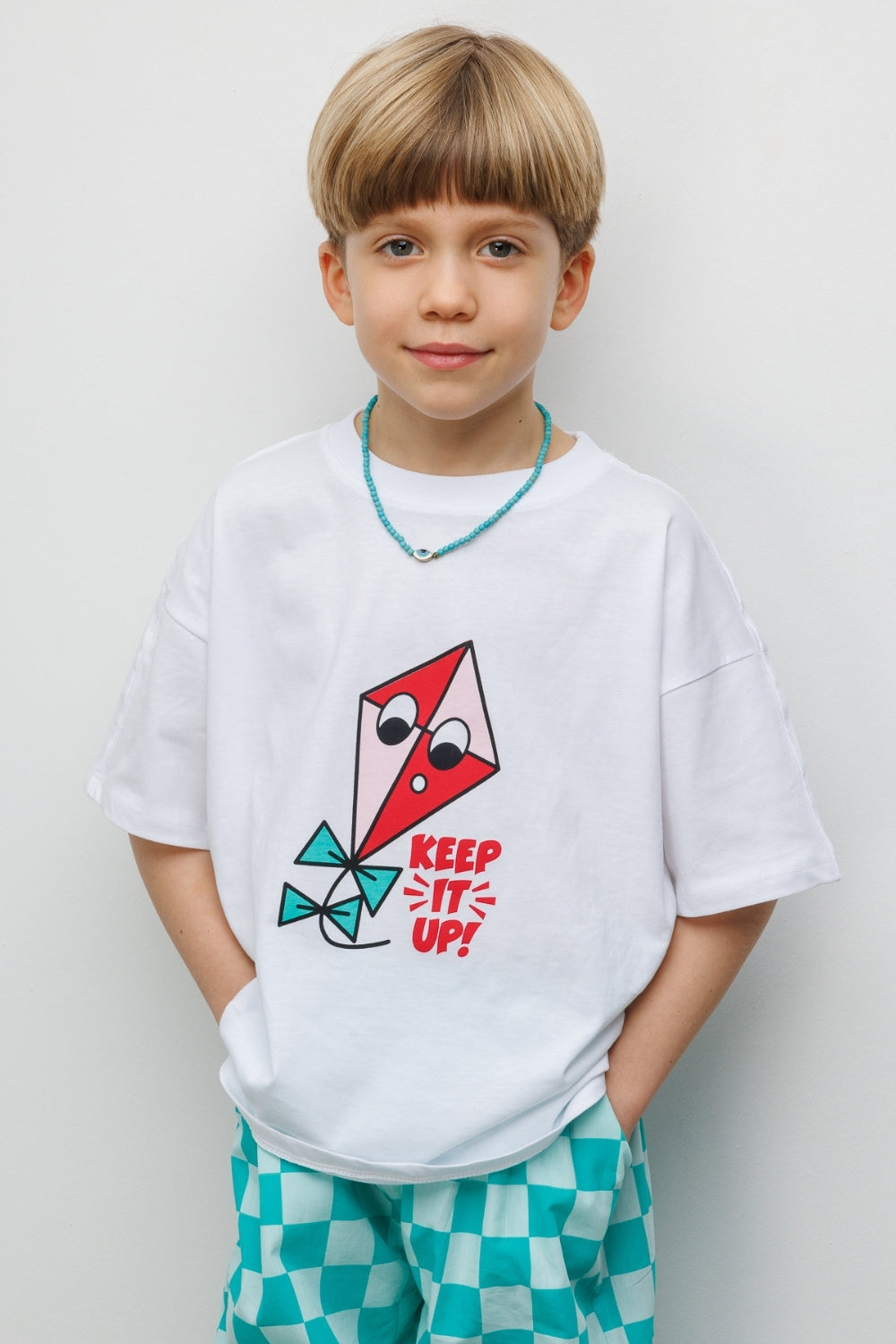 Mint Baskılı Dama Desenli Çocuk Tişört Pantolon Takım - Lucia