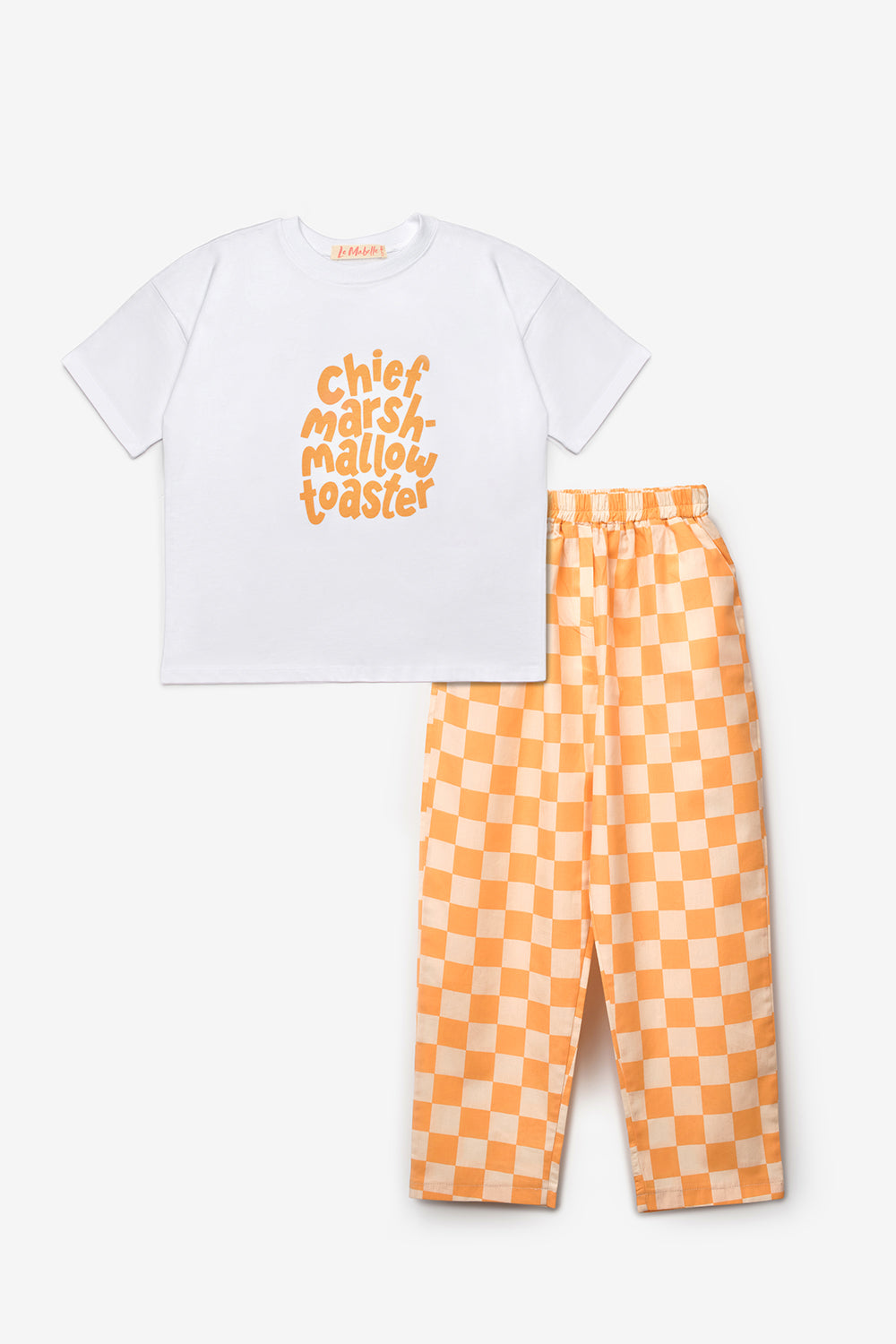 Turuncu Baskılı Dama Desenli Çocuk Tişört Pantolon Takım - Lucia