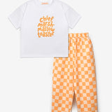 Turuncu Baskılı Dama Desenli Çocuk Tişört Pantolon Takım - Lucia