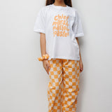 Turuncu Baskılı Dama Desenli Çocuk Tişört Pantolon Takım - Lucia