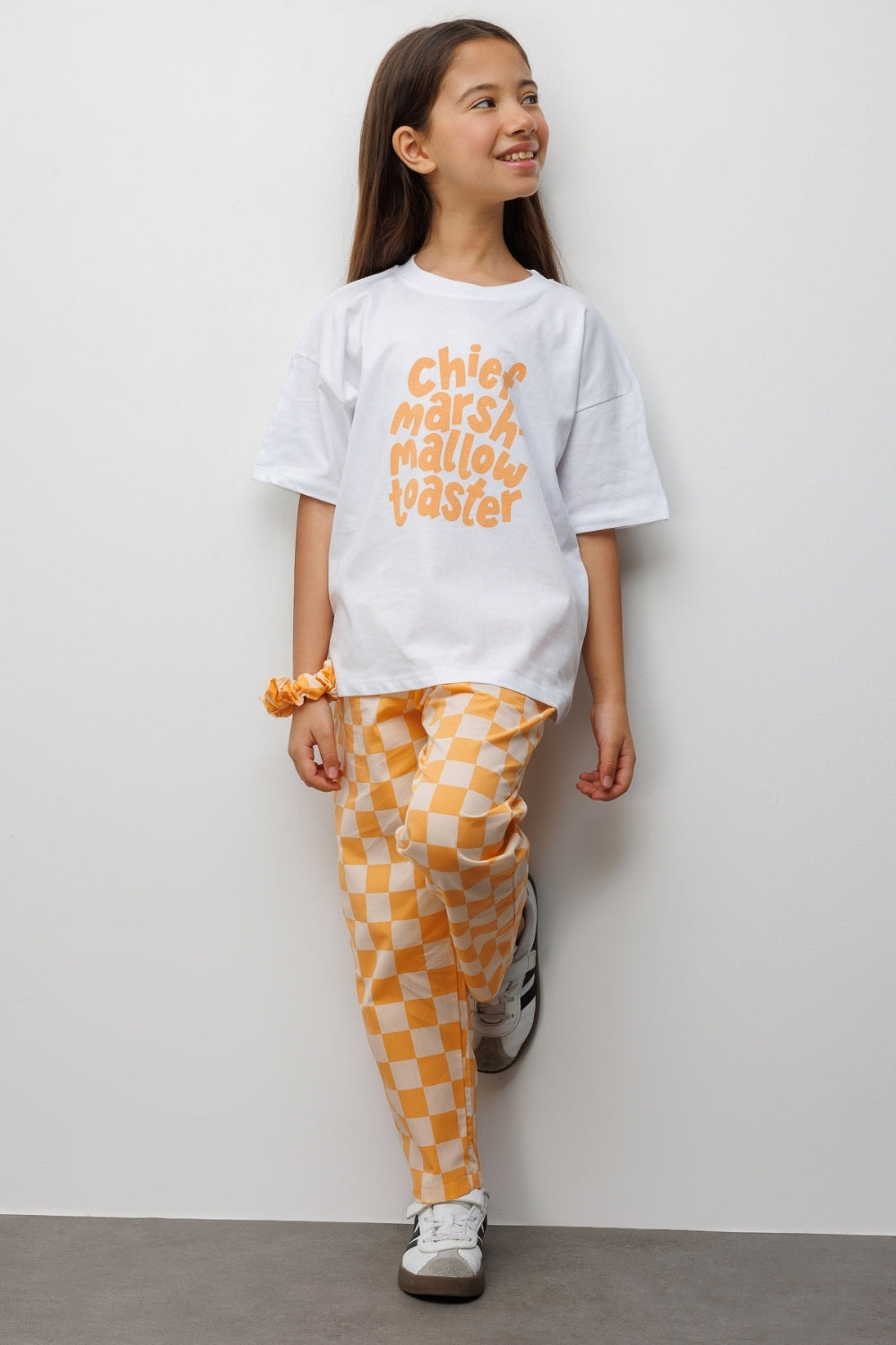 Turuncu Baskılı Dama Desenli Çocuk Tişört Pantolon Takım - Lucia