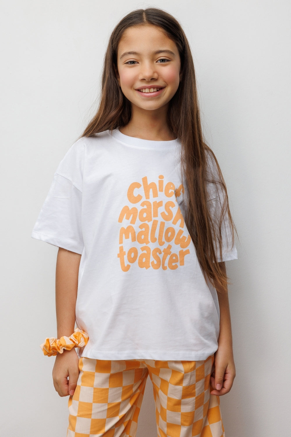 Turuncu Baskılı Dama Desenli Çocuk Tişört Pantolon Takım - Lucia