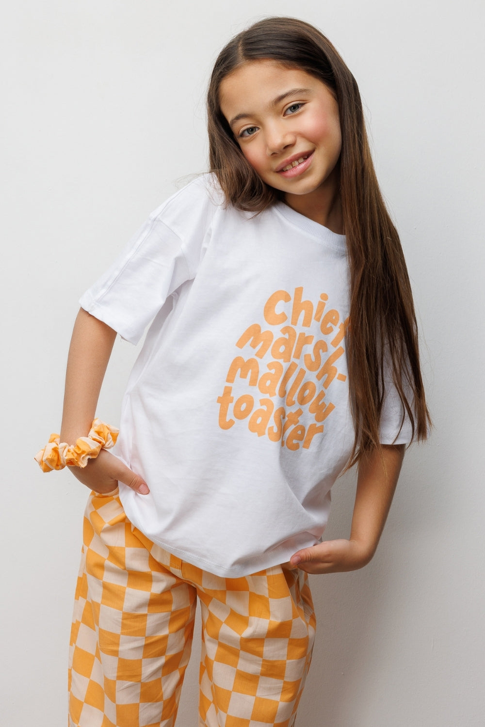 Turuncu Baskılı Dama Desenli Çocuk Tişört Pantolon Takım - Lucia