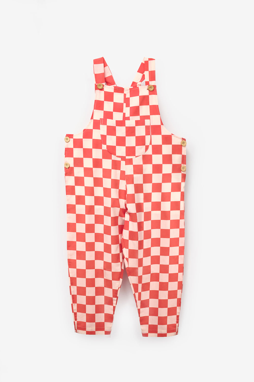 Kırmızı  Dama Desenli Cep Detaylı Çocuk Salopet