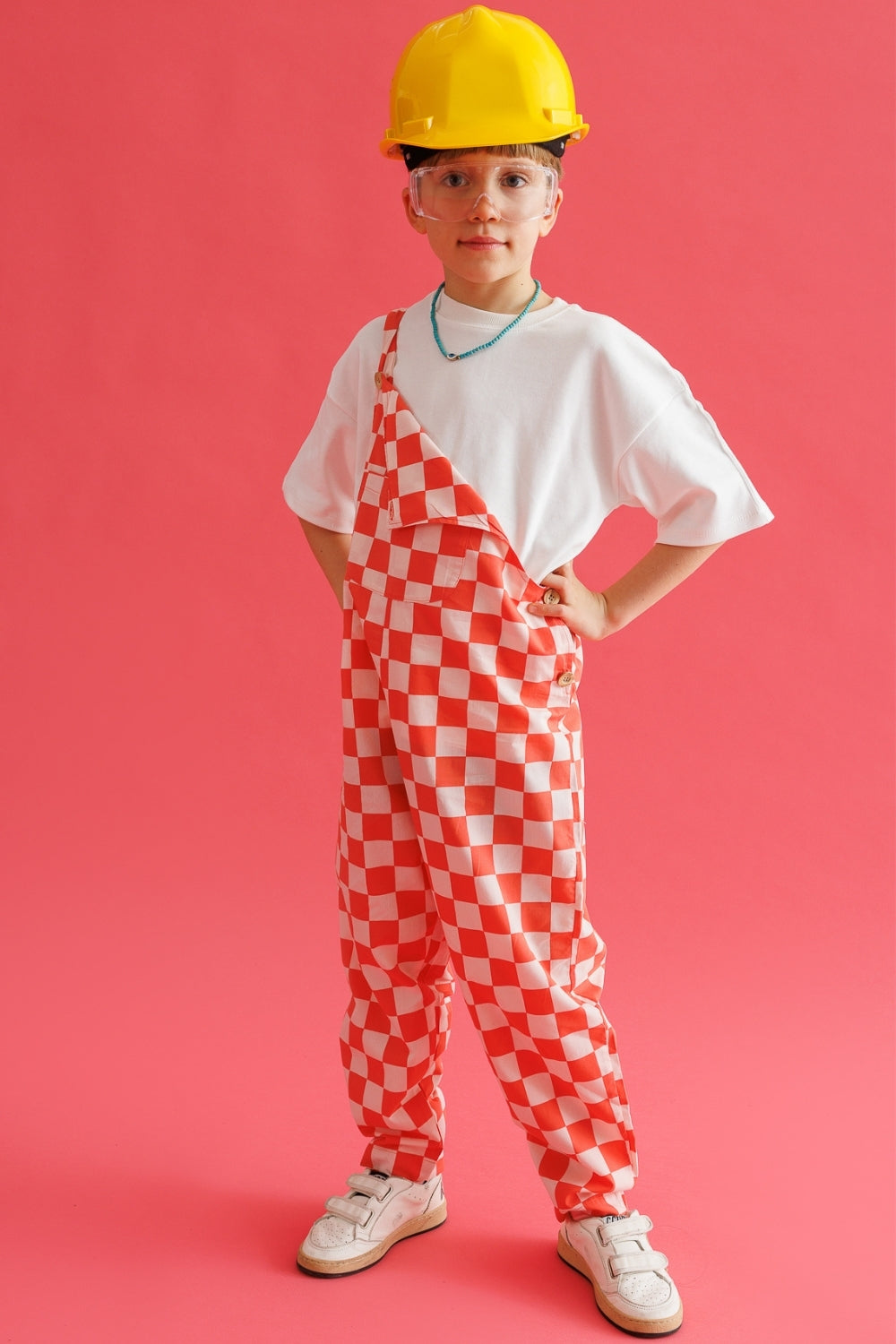 Kırmızı  Dama Desenli Cep Detaylı Çocuk Salopet