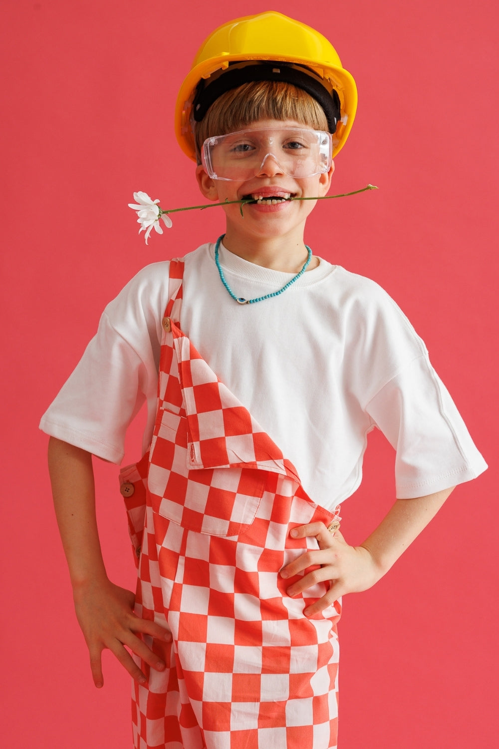 Kırmızı  Dama Desenli Cep Detaylı Çocuk Salopet