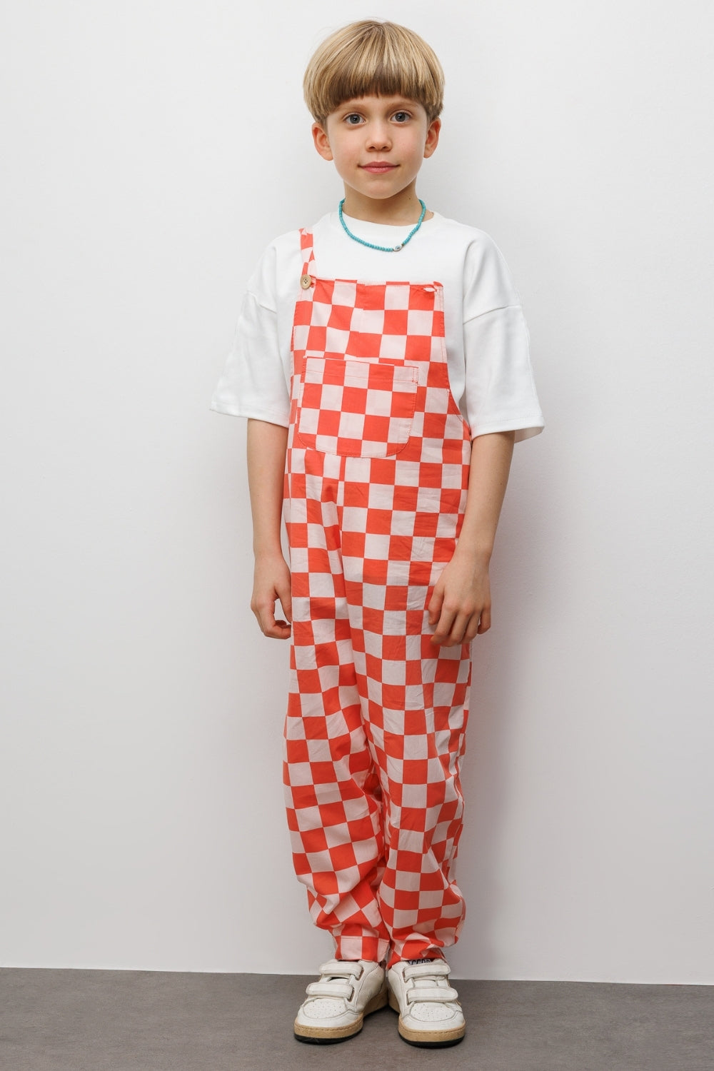 Kırmızı  Dama Desenli Cep Detaylı Çocuk Salopet