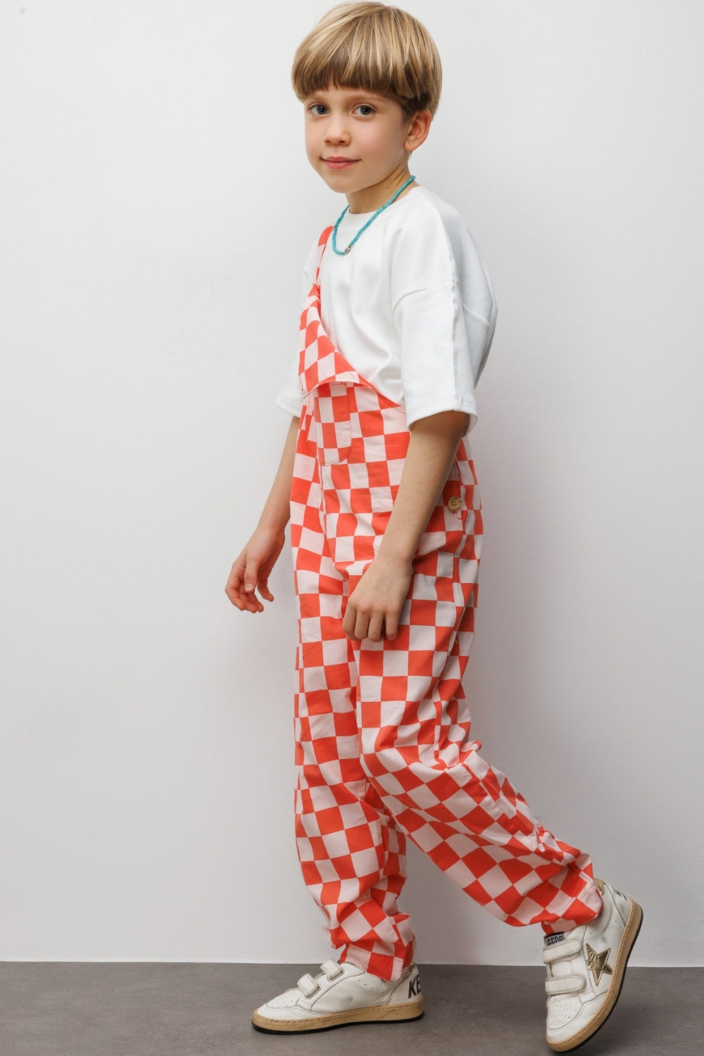 Kırmızı  Dama Desenli Cep Detaylı Çocuk Salopet