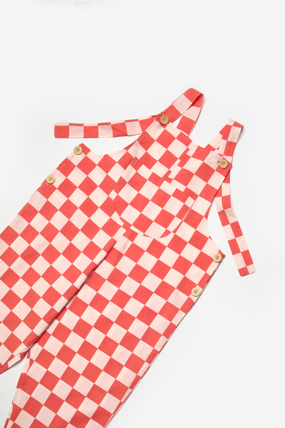 Kırmızı  Dama Desenli Cep Detaylı Çocuk Salopet