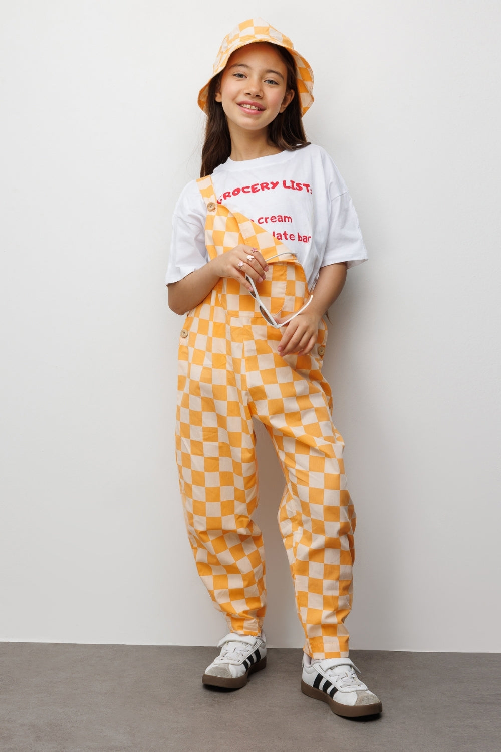 Turuncu  Dama Desenli Cep Detaylı Çocuk Salopet