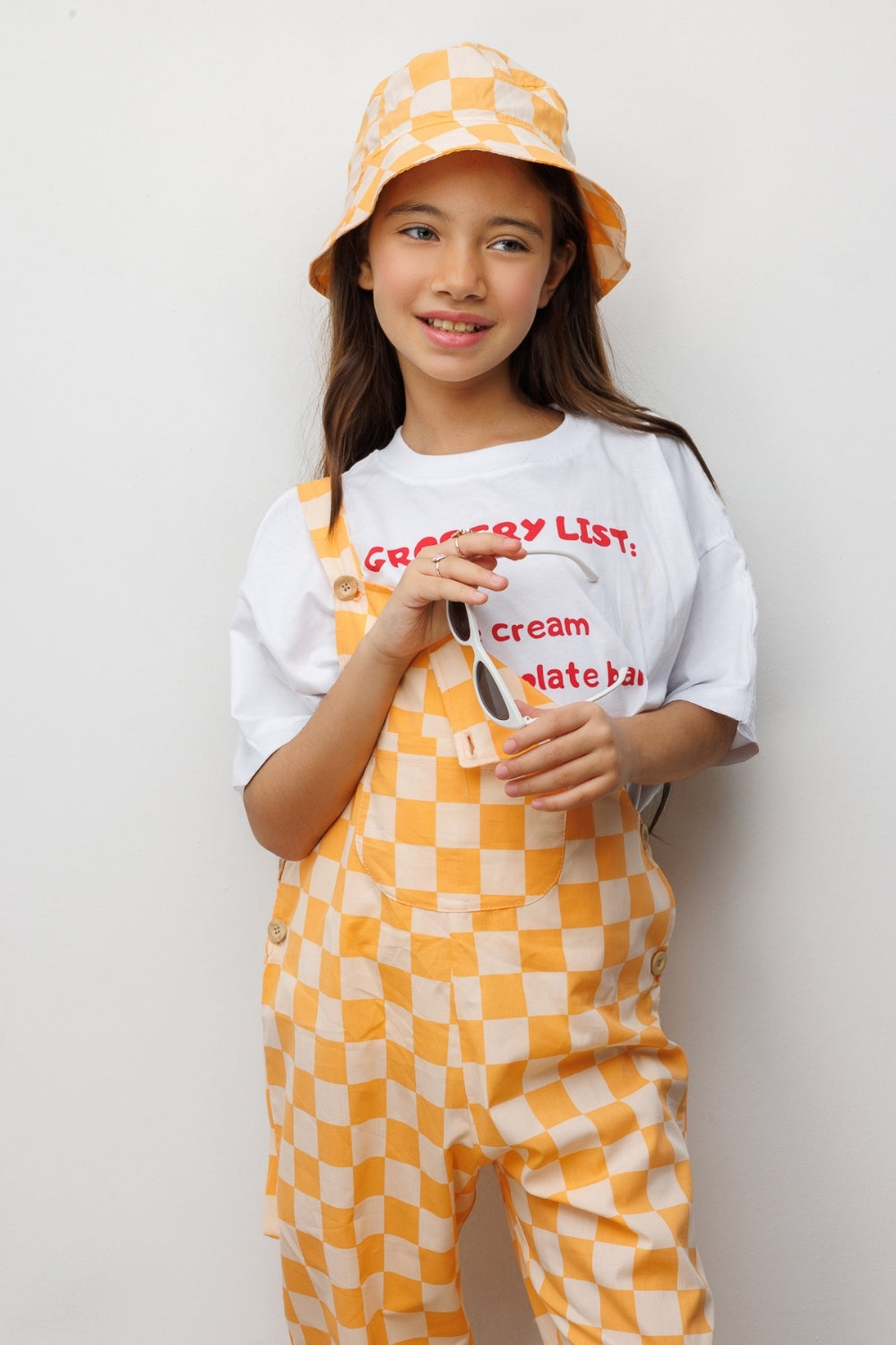 Turuncu  Dama Desenli Cep Detaylı Çocuk Salopet