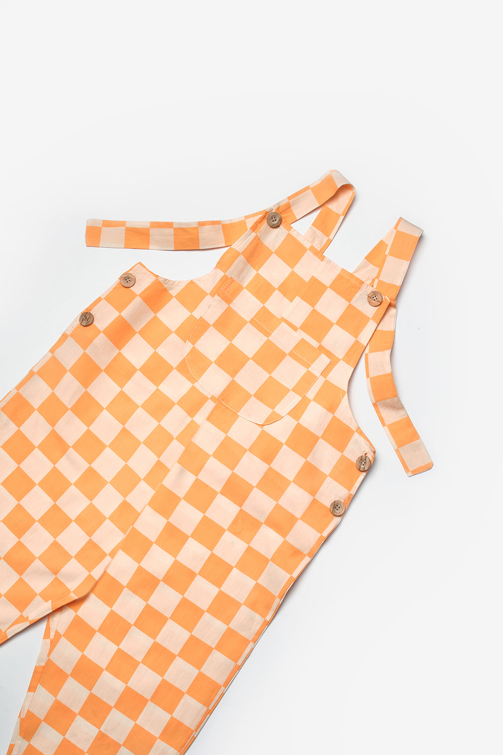 Turuncu  Dama Desenli Cep Detaylı Çocuk Salopet