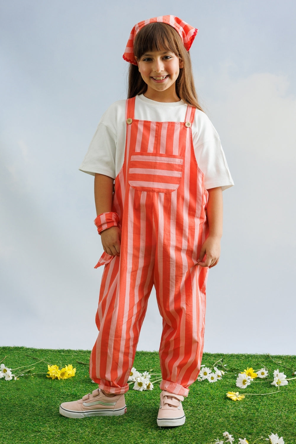 Kırmızı  Çizgi Desenli Cep Detaylı Çocuk Salopet