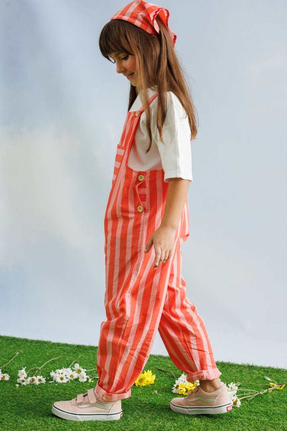 Kırmızı  Çizgi Desenli Cep Detaylı Çocuk Salopet