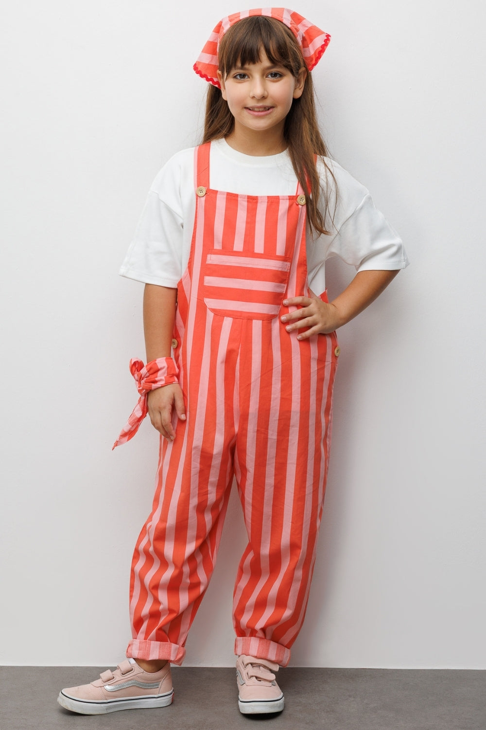 Kırmızı  Çizgi Desenli Cep Detaylı Çocuk Salopet