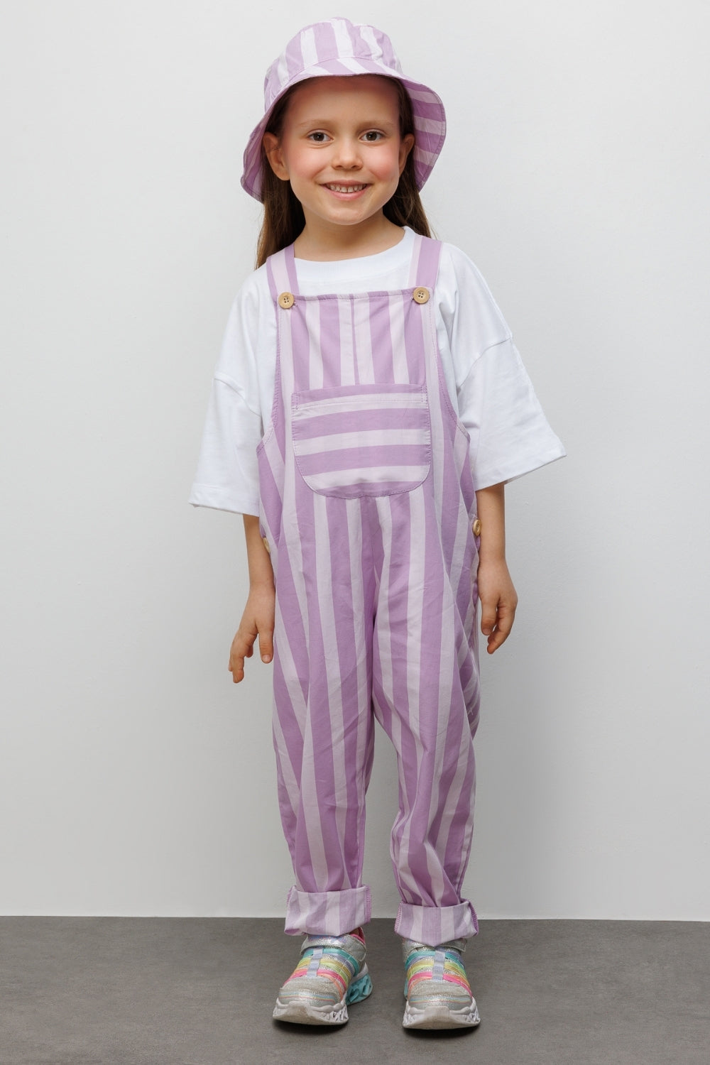 Lila  Çizgi Desenli Cep Detaylı Çocuk Salopet