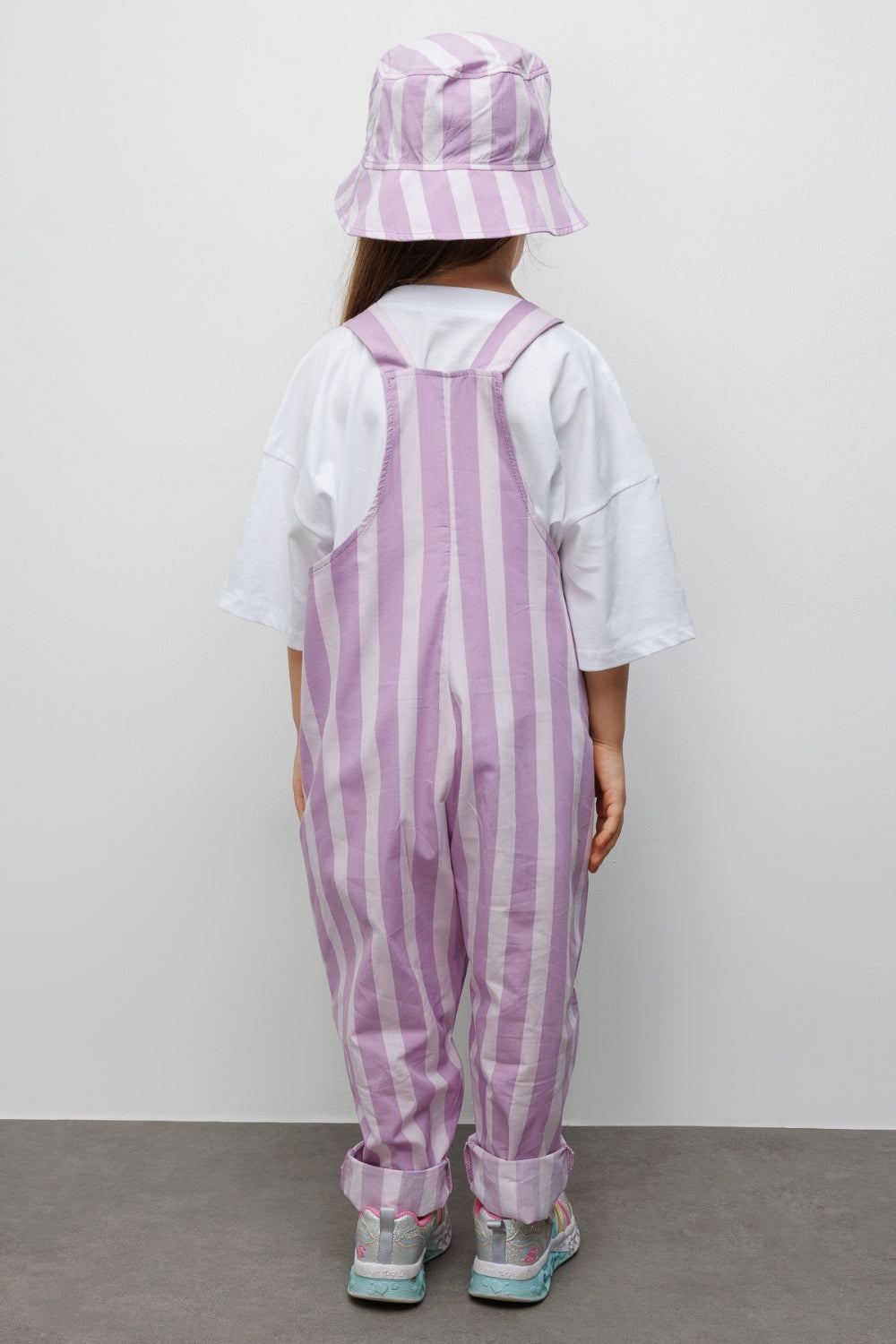 Lila  Çizgi Desenli Cep Detaylı Çocuk Salopet