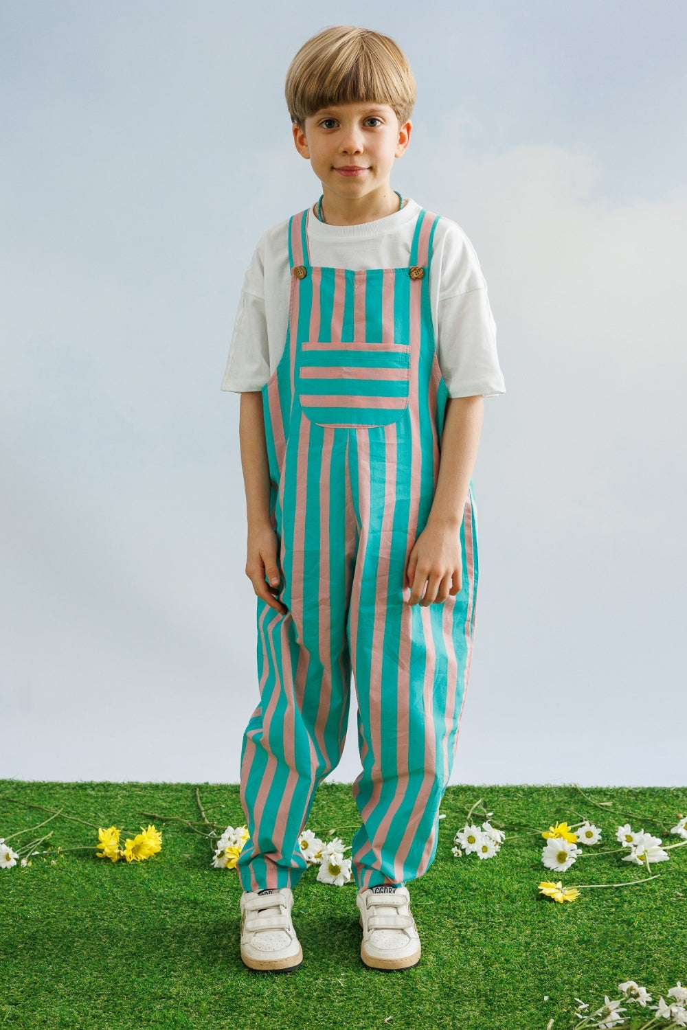 Mint  Çizgi Desenli Cep Detaylı Çocuk Salopet